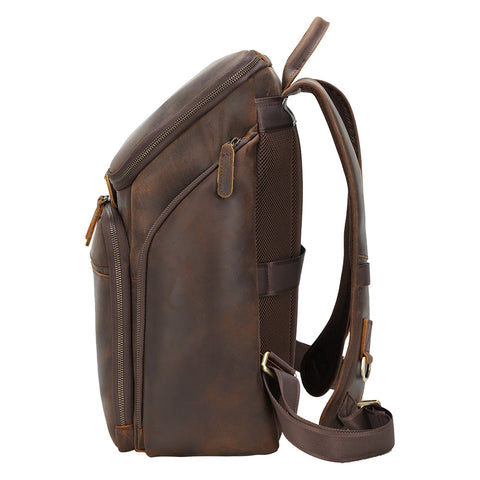 Water-resistant dark brown genuine leather backpack with laptop compartment and many pockets.