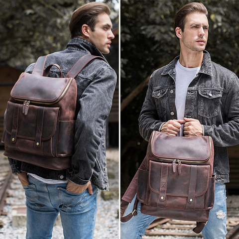 Handmade water-resistant dark brown top grain leather laptop backpack with Inner canvas lining, adjustable strap, many pockets and compartments