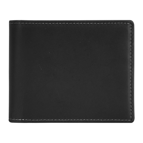 Black bifold slim top grain leather wallet with many compartments and RFID-shielded