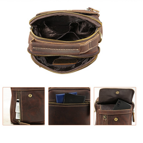 Dark brown full grain cow genuine leather crossbody messenger bag with rear zippered pocket and large pockets