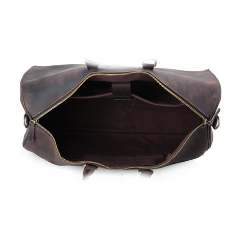 Handmade dark brown duffel full grain cow leather gym bag with many pockets and compartments
