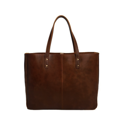 Handmade brown 100% top-grain genuine leather tote bag with two inner zippered pockets and inner lining. 