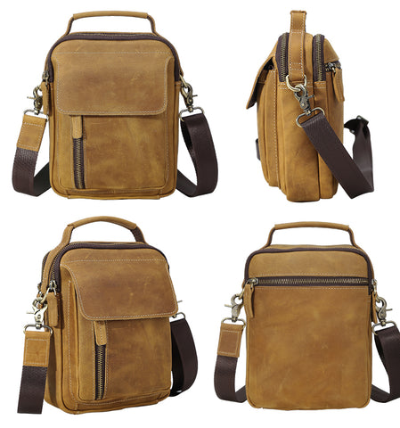 Light brown full grain cow genuine leather crossbody messenger bag with rear zippered pocket and large pockets