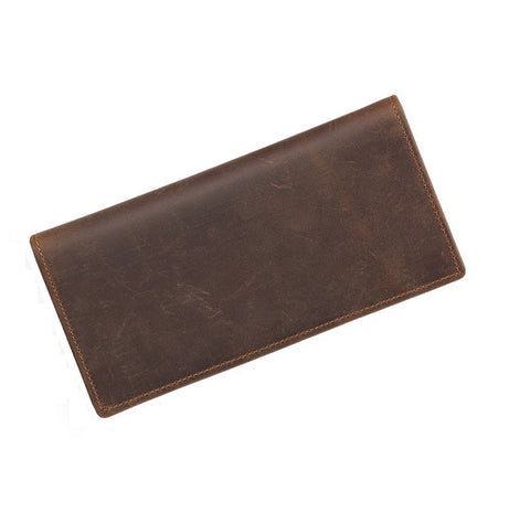 Slim bifold vintage top-grain genuine leather wallet with large pockets, many card slots and RFID-shielded technology.